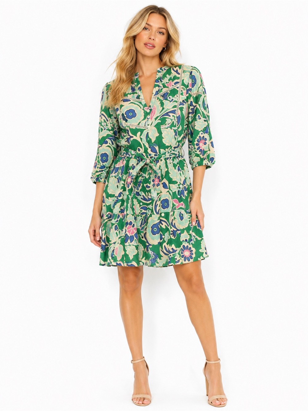 NWT Zara Size Medium Green Floral Linen Shirt Dress with Blue & Pink Accents